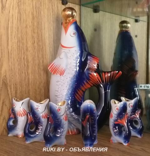 Фарфоровый набор Рыбка с 6 рюмками из СССР. Брест